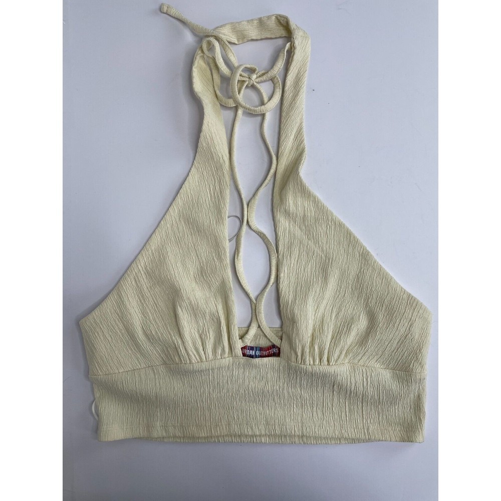 Urban Outfitters L Valeria Halter Cropped Top Cream Cutout Front Drawstring NWT - Picture 3 of 7